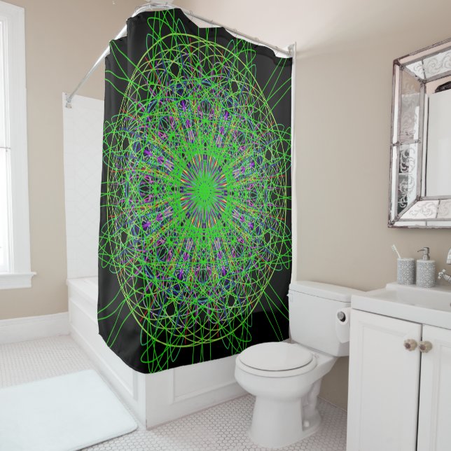 Shower Curtain, Green Black Kaleidoscope Art Shower Curtain (In Situ)