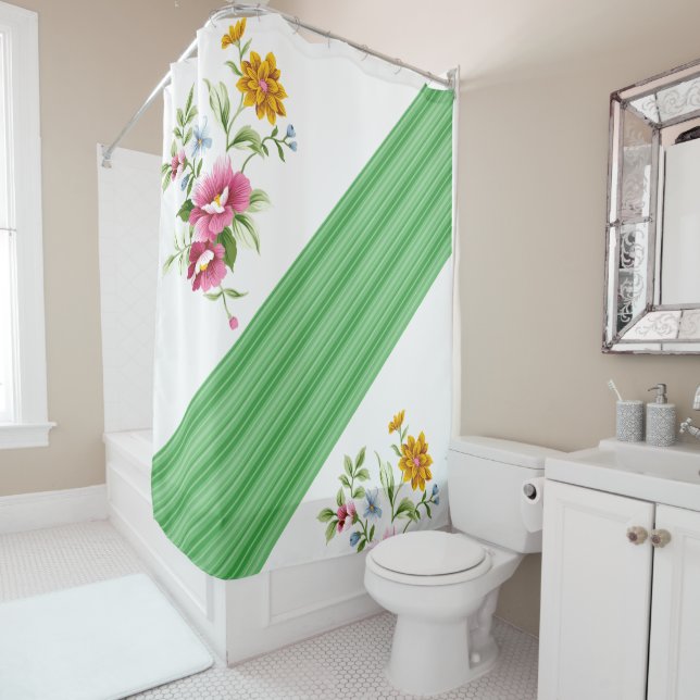 Shower Curtain Green Stripe Floral (In Situ)