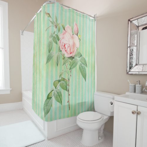 Shower Curtain Green  White Stripe Pink Rose