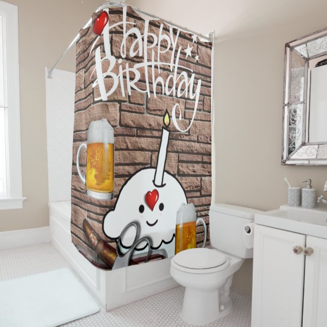 Shower Curtain Happy Birthday Beer (In Situ)