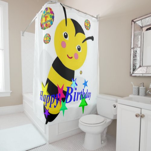 Shower Curtain Happy Birthday Bumblebee