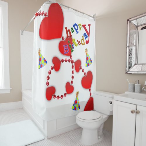Shower Curtain Happy Birthday Red Hearts