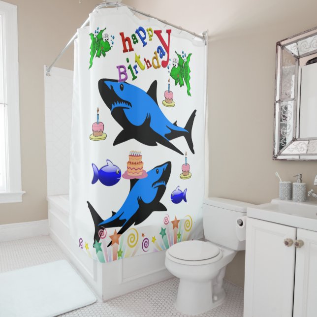 Shower Curtain Happy Birthday Shark (In Situ)