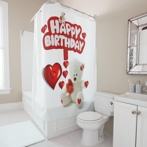 Shower Curtain happy Birthday White Teddy Bear