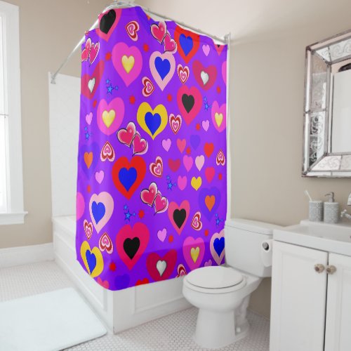 Shower Curtain Hearts Yellow Red Blue Pink