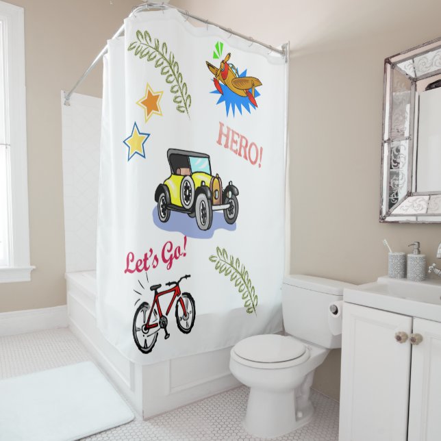 Shower Curtain Hero Bicycle Car Airplane  (In Situ)