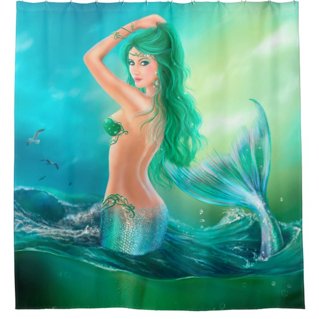 Shower Curtain, mermaid fantasy at ocean on waves Shower Curtain (Front)
