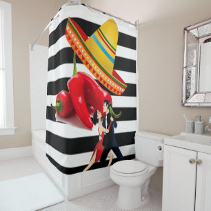 Shower Curtain Mexican Dancers Black Stripe