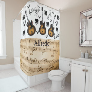 Shower Curtain Music Notes Guitar Black Hearts