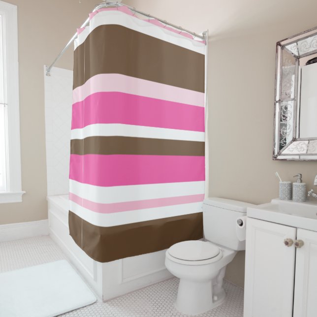 Shower Curtain Neutral Brown & Pink Stripe  (In Situ)