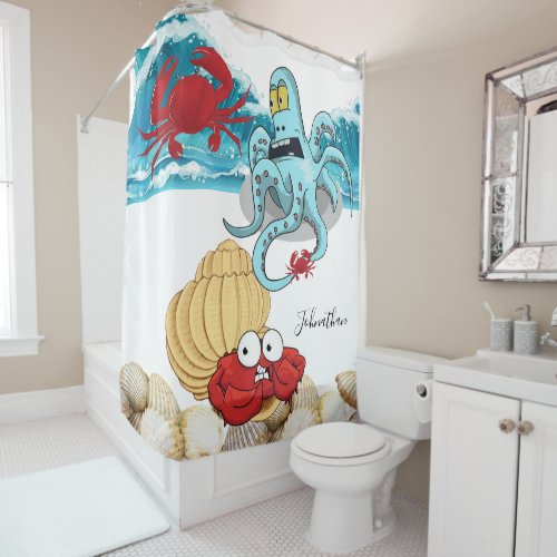 Shower Curtain Ocean Waves Crab Shells Octopus