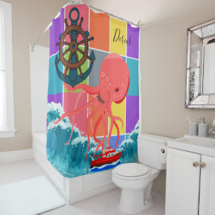 Shower Curtain Octopus Beach Waves Colored Blocks