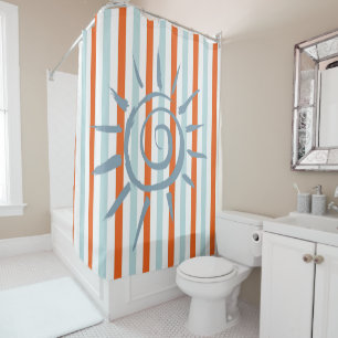 Shower Curtain Orange and Blue Stripe Blue Star
