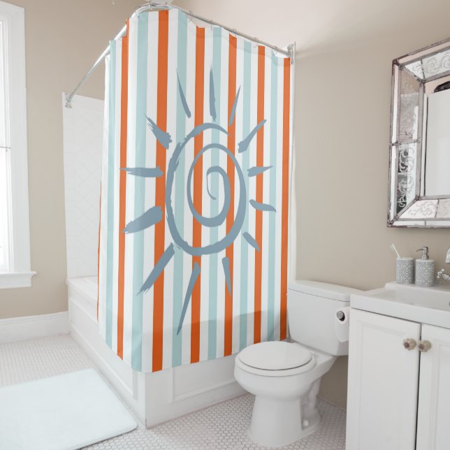 Shower Curtain Orange and Blue Stripe Blue Star (In Situ)
