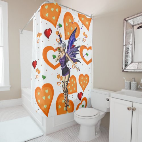 Shower Curtain Orange Hearts Fairy