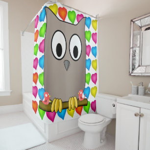 Shower Curtain Owl Colored Hearts
