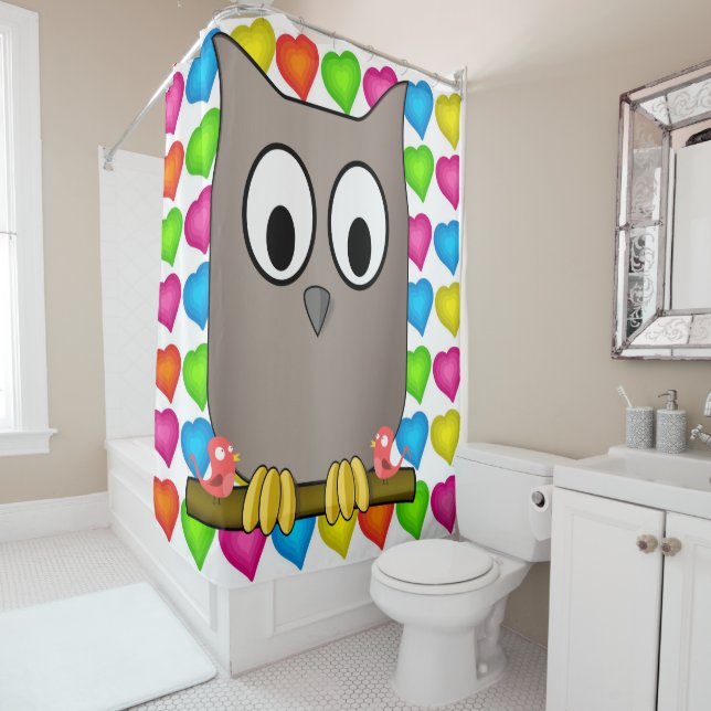 Shower Curtain Owl Colored Hearts (In Situ)