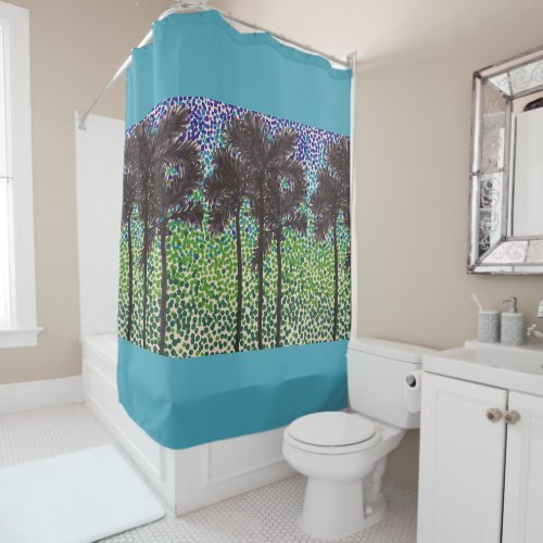 Shower Curtain _ Palm Tree Silhouettes in Blue Sky