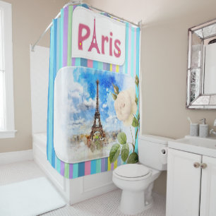 Shower Curtain Paris France Stripe Blue