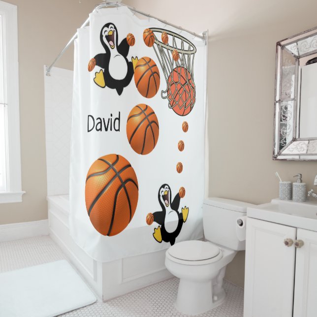 Shower Curtain Penguin Basketball (In Situ)