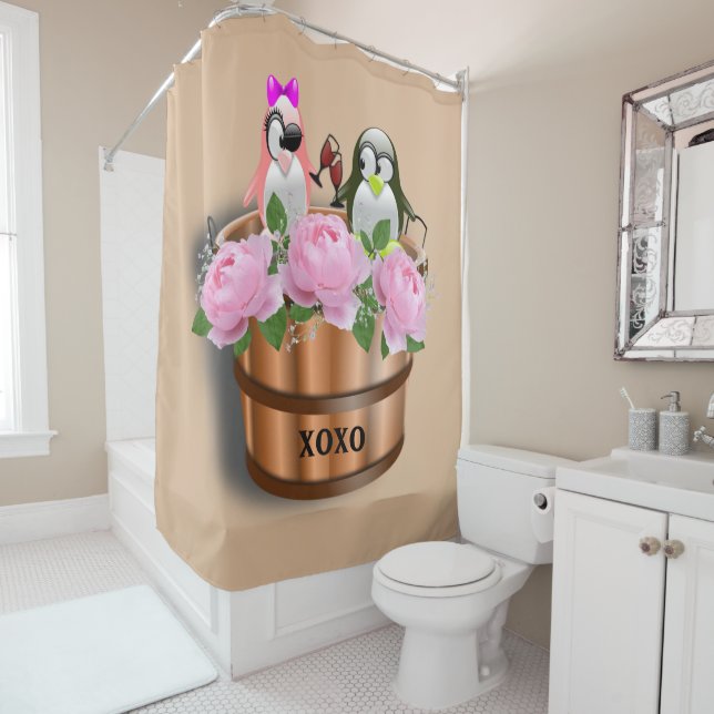 Shower Curtain Penguin in love wine glasses (In Situ)