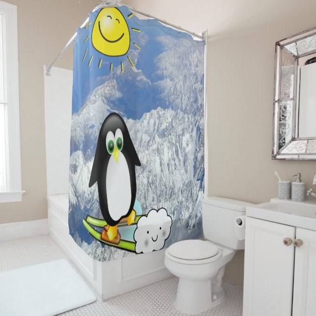 Shower Curtain Penguin Skiing Sun Clouds Mountains (In Situ)