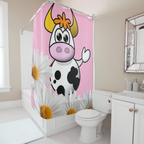 Shower Curtain Pink Cow White Daisy