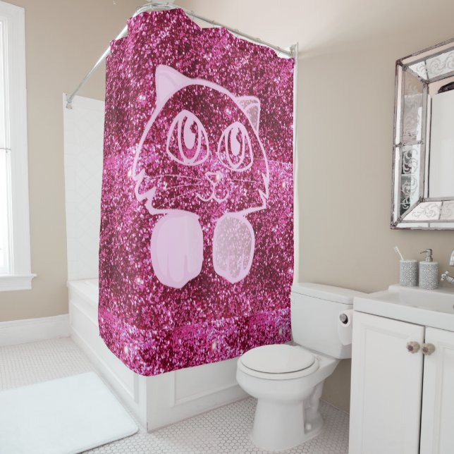 Shower Curtain Pink Glitter Cat (In Situ)