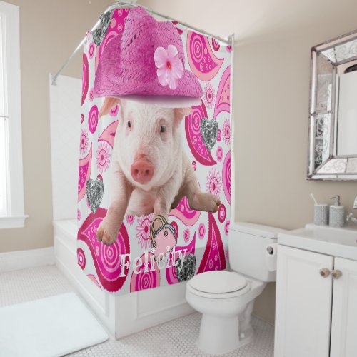 Shower Curtain Pink Pig Silver Hearts Paisley