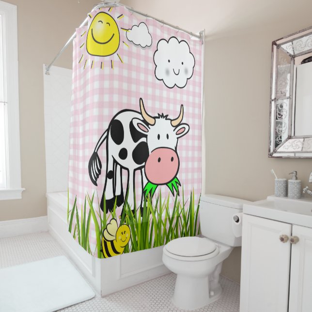 Shower Curtain Pink Plaid Cow Sun Clouds Bumblebee (In Situ)