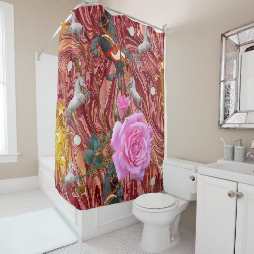 Shower Curtain Pink Rose Floral Horses
