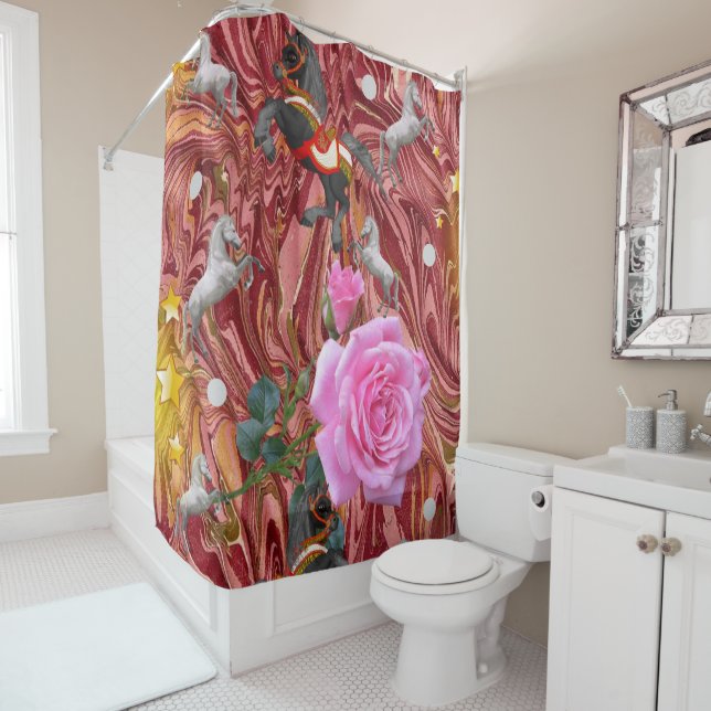 Shower Curtain Pink Rose Floral Horses (In Situ)