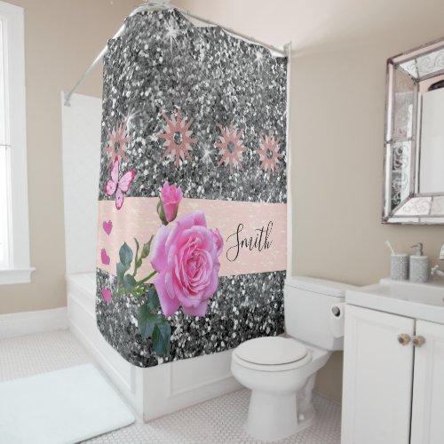 Shower Curtain Pink Rose Floral Pink Butterfly