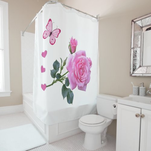 Shower Curtain Pink Rose Floral Pink Butterfly