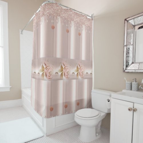 Shower Curtain Pink Rose Glitter Drip