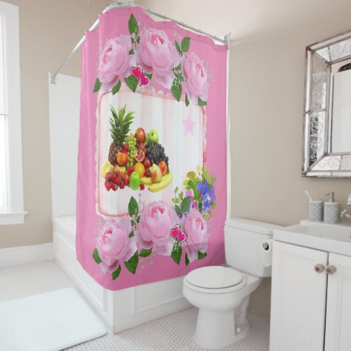 Shower Curtain Pink Roses Fruit