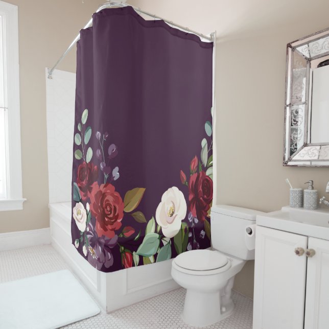 Shower Curtain Plum Purple Roses Gold Geometric Fl (In Situ)