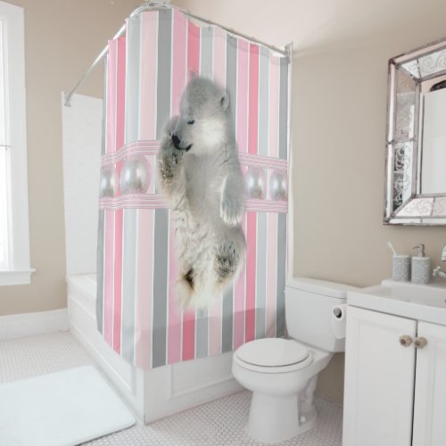 Shower Curtain Polar Bear Pink Stripe