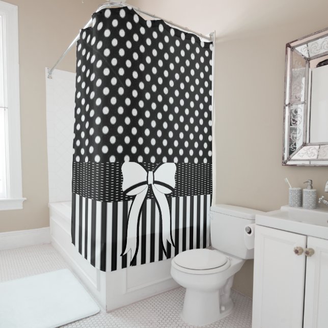 Shower Curtain Polkadot Black White Stripe Bow (In Situ)