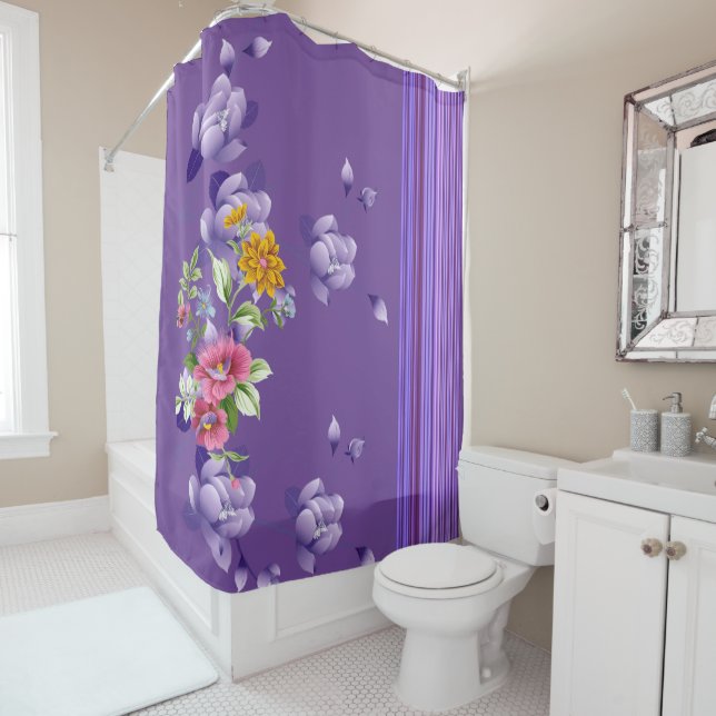 Shower Curtain Purple Stripe Floral (In Situ)
