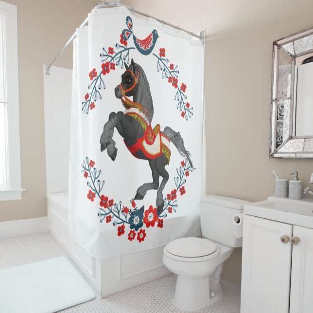 Shower Curtain Red Blue Floral Horse (In Situ)