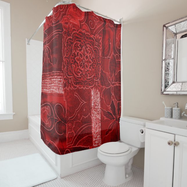Shower Curtain Red Floral Patchwork Print  (In Situ)