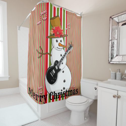 Shower Curtain Red Green White Stripe Snowman