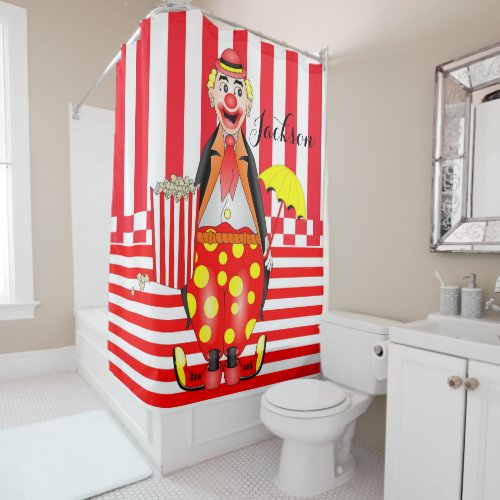 Shower Curtain Red White Popcorn Clown Stripe