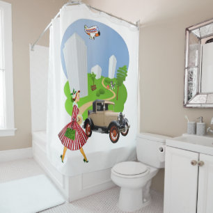 Shower Curtain Retro Woman Car Dog Airplane
