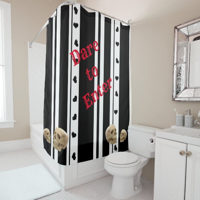 Shower Curtain Skulls Black Hearts Black Stripe (In Situ)