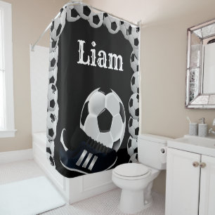 Shower Curtain Soccer Balls Black