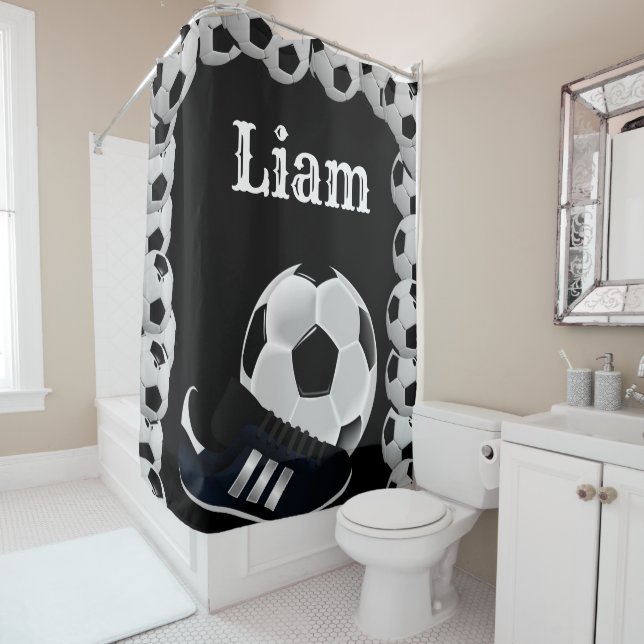 Shower Curtain Soccer Balls Black (In Situ)
