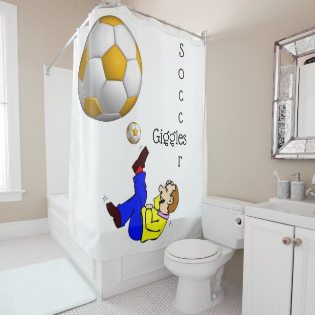 Shower Curtain Soccer Man Giggles (In Situ)