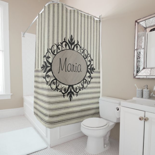 Shower Curtain Stripe Beige Black (In Situ)